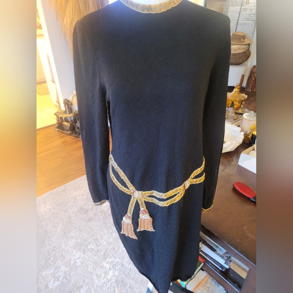 St John Black Wool Rare Dress with Beaded